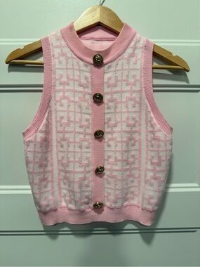 SHEIN Pink & White Patterned Knit Button-Front Sweater Vest NEW WITHOUT TAGS